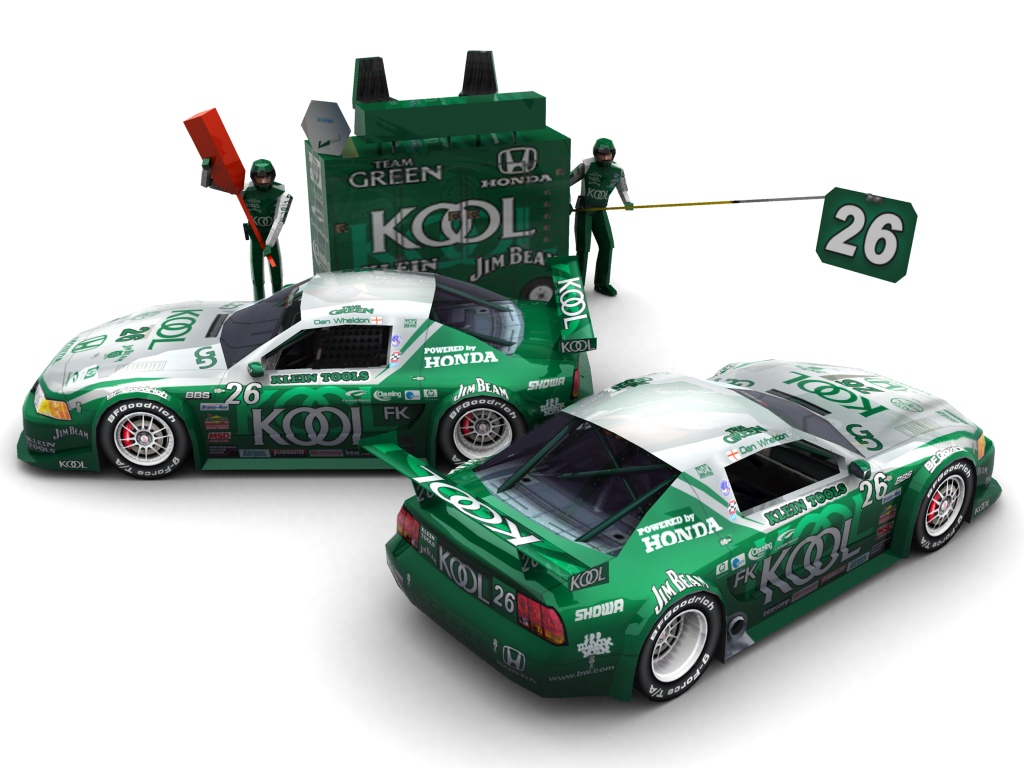 2002 Team KOOL Green, #26, Dan Wheldon, Ford Mustang, BF Goodrich, KOOL Filter Kings (Seitlicher Blick auf zwei Fahrzeuge & Pitcrew)