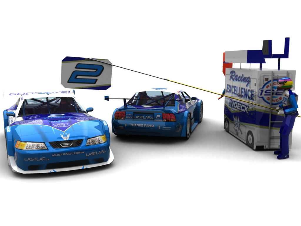 2003 Player's/Forsythe Racing, #2, Jacques Villeneuve, Ford Mustang, BF Goodrich, LastLap.ca (Blick auf Heck sowie Front & Pitcrew)