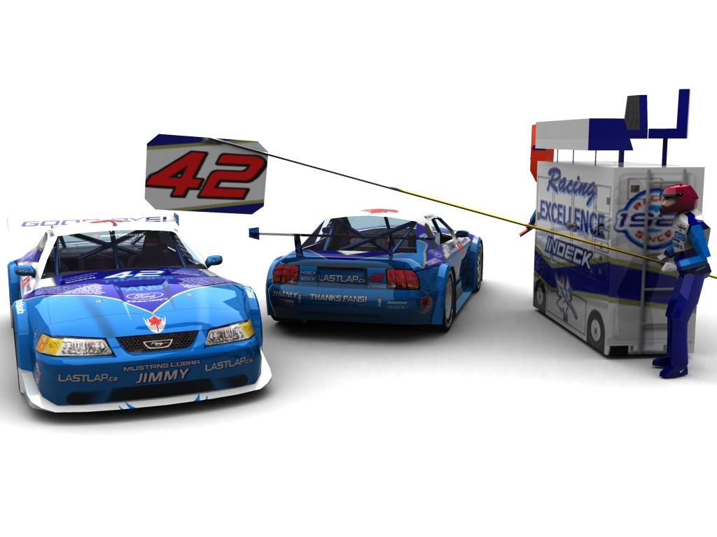 2003 Player's/Forsythe Racing, #42, Petra Kienast, Ford Mustang, BF Goodrich, LastLap.ca (Blick auf Heck sowie Front & Pitcrew)