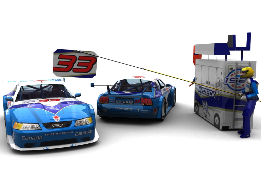 2003 Player's/Forsythe Racing, #33, Alex Tagliani, Ford Mustang, BF Goodrich, Non Tobacco-Livery (Blick auf Heck sowie Front & Pitcrew)