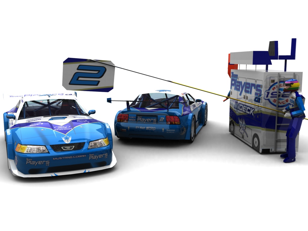 2003 Player's/Forsythe Racing, #2, Jacques Villeneuve, Ford Mustang, BF Goodrich, TeamPlayers.ca (Blick auf Heck sowie Front & Pitcrew)