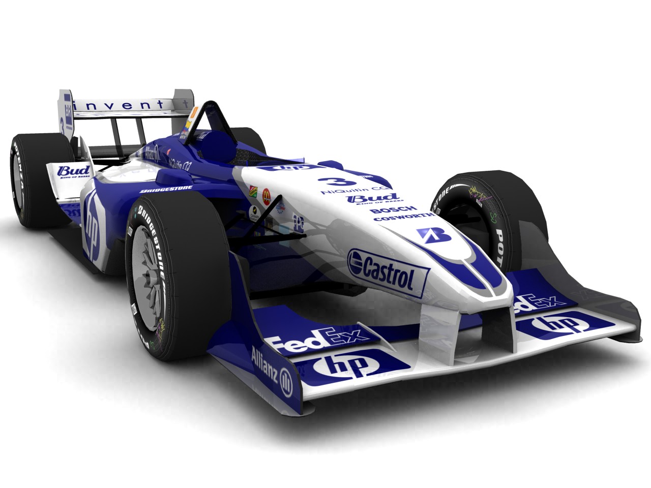 2003 WilliamsF1, #3, Juan Pablo Montoya, Panoz Elan DP01, Cosworth XFE, Bridgestone Potenza, Hewlett-Packard (HP) (Blick von vorn, rechts)