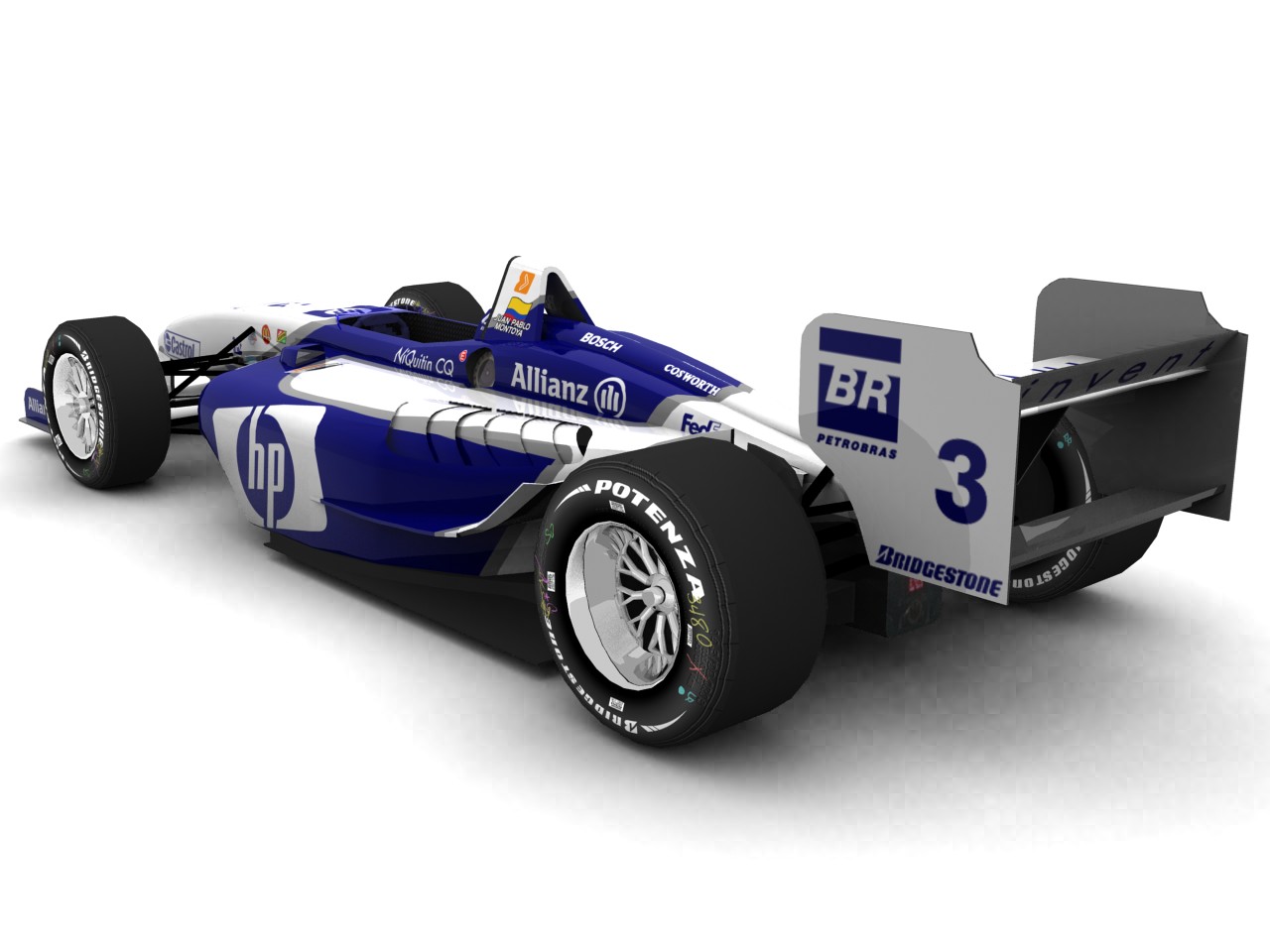 2003 WilliamsF1, #3, Juan Pablo Montoya, Panoz Elan DP01, Cosworth XFE, Bridgestone Potenza, Hewlett-Packard (HP) (Blick von hinten, links)