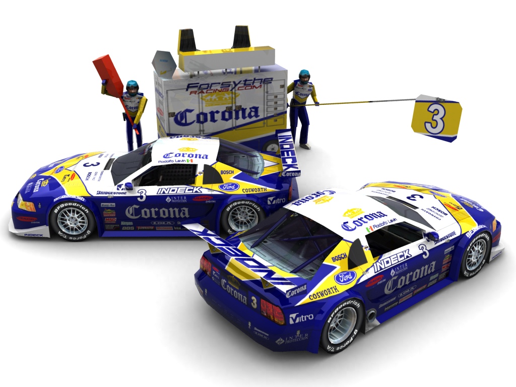 2004 Forsythe Championship Racing, #3, Rodolfo Lavin, Ford Mustang, BF Goodrich, Corona (Seitlicher Blick auf zwei Fahrzeuge & Pitcrew)