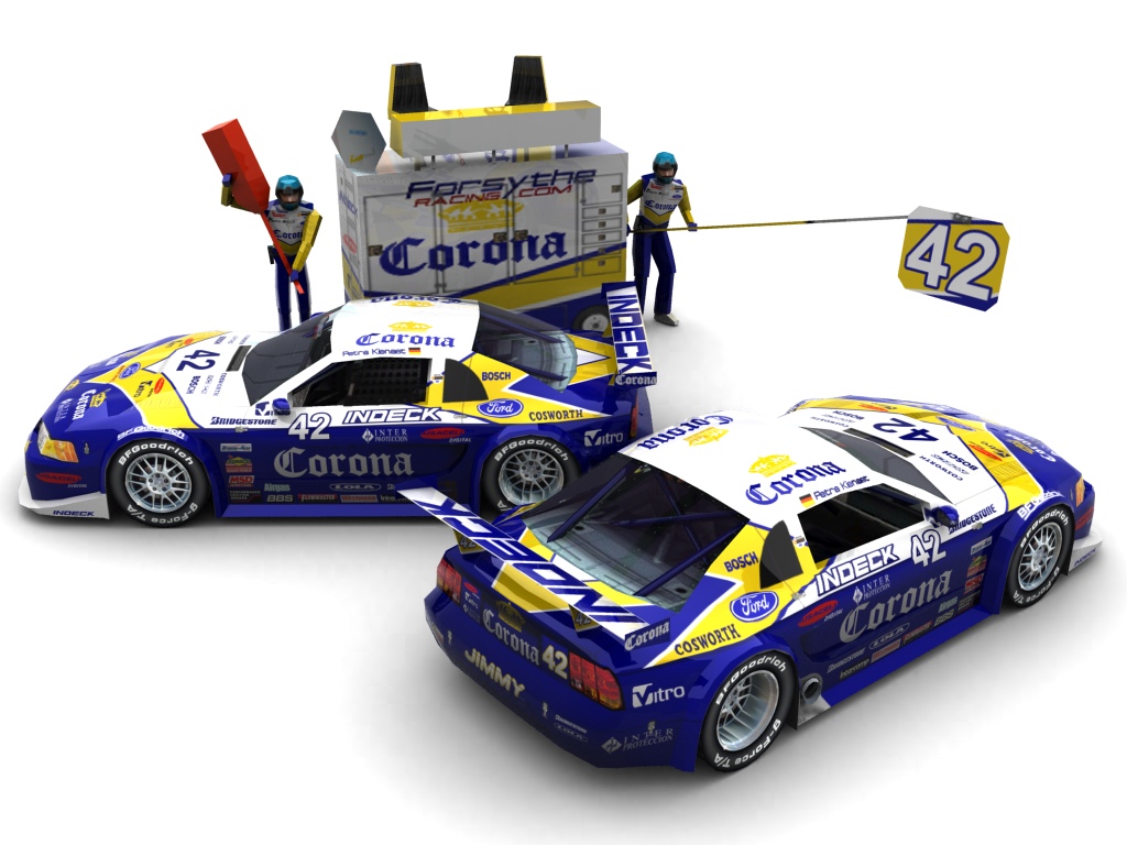 2004 Forsythe Championship Racing/Team Speedwaysurfer.de, #42, Petra Kienast, Ford Mustang, BF Goodrich, Corona (Seitlicher Blick auf zwei Fahrzeuge & Pitcrew)