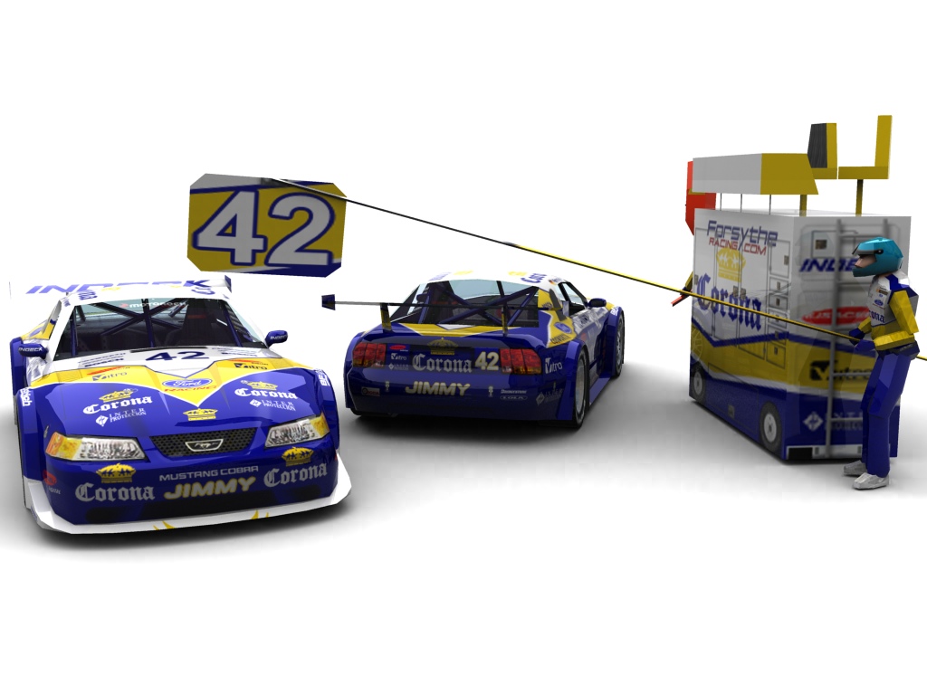 2004 Forsythe Championship Racing/Team Speedwaysurfer.de, #42, Petra Kienast, Ford Mustang, BF Goodrich, Corona (Blick auf Heck sowie Front & Pitcrew)