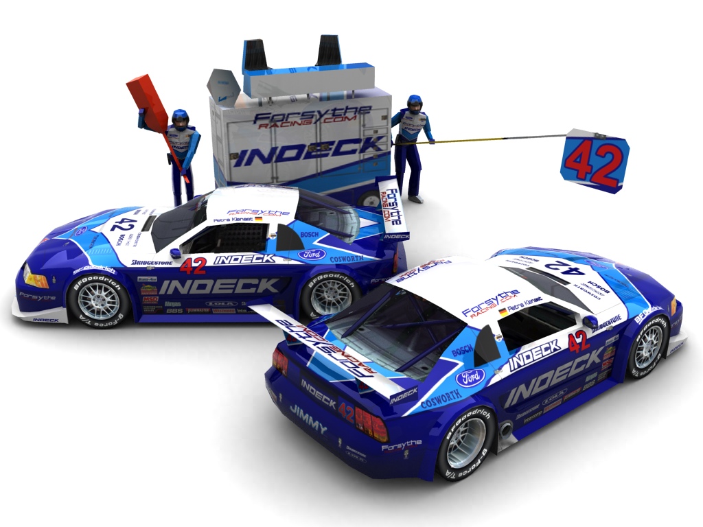 2004 Forsythe Championship Racing/Team Speedwaysurfer.de, #42, Petra Kienast, Ford Mustang, BF Goodrich, Indeck (Seitlicher Blick auf zwei Fahrzeuge & Pitcrew)