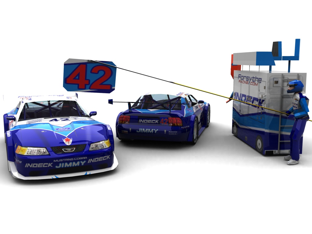 2004 Forsythe Championship Racing/Team Speedwaysurfer.de, #42, Petra Kienast, Ford Mustang, BF Goodrich, Indeck (Blick auf Heck sowie Front & Pitcrew)