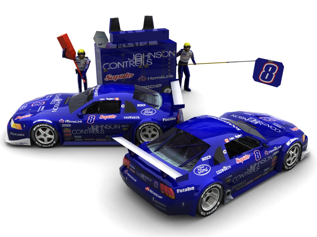 2004 Rocketsports Racing, #8, Alex Tagliani, Ford Mustang, BF Goodrich, Johnson Controls (Seitlicher Blick auf zwei Fahrzeuge & Pitcrew)