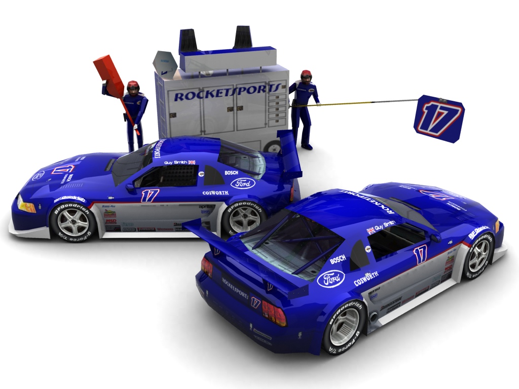 2004 Rocketsports Racing, #17, Guy Smith, Ford Mustang, BF Goodrich, &mdash; (Seitlicher Blick auf zwei Fahrzeuge & Pitcrew)