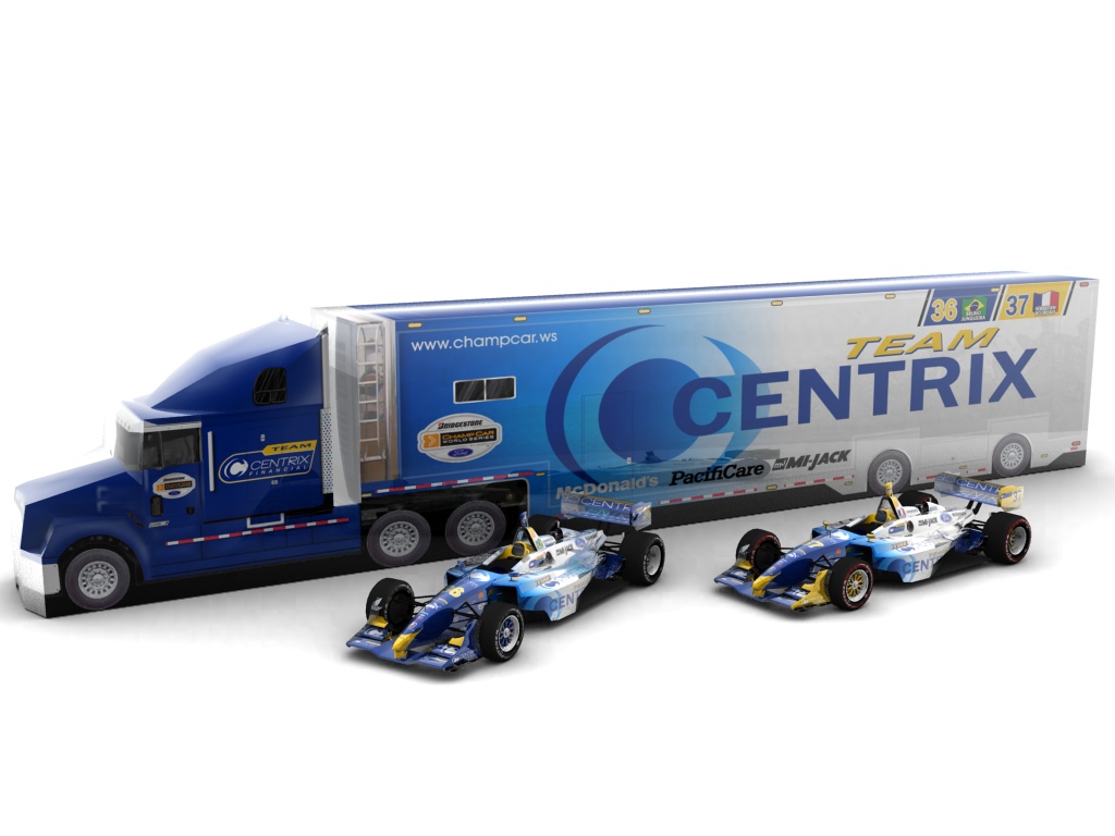 2005 Newman/Haas Racing, Beide Centrix Lola-Cosworth & Team Hauler (Blick seitlich, links, erhöht)