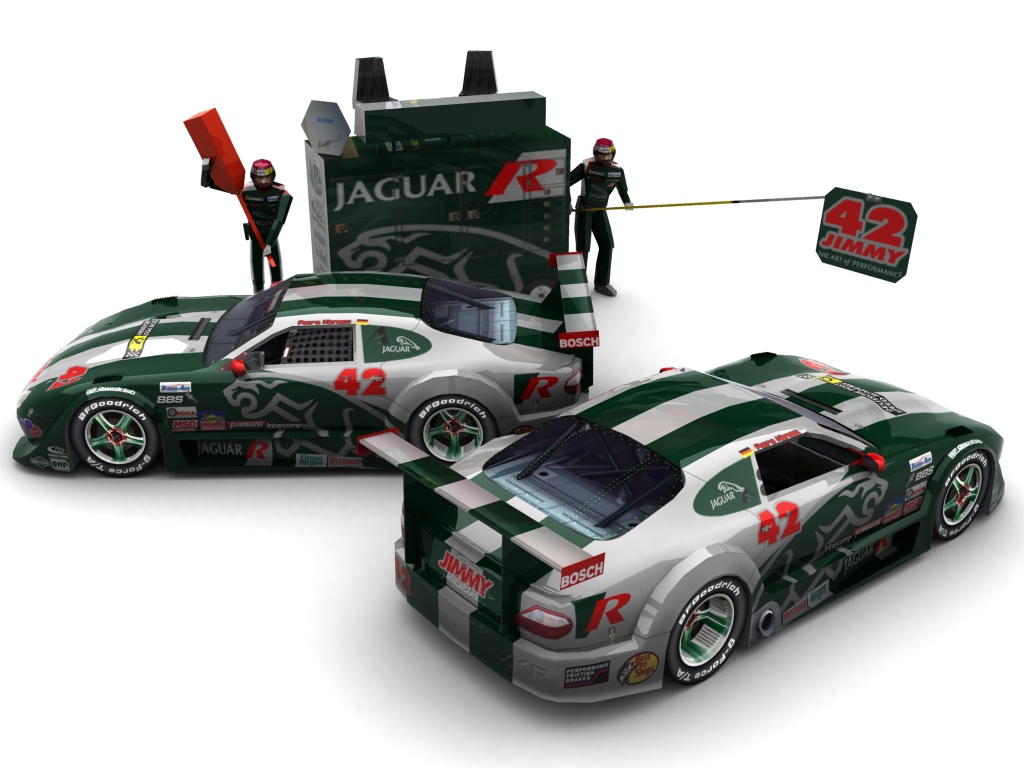 2005 Rocketsports Racing, #42, Petra Kienast, Jaguar XKR, BF Goodrich, Jaguar R Performance/Deutsche Post Speed Academy (Seitlicher Blick auf zwei Fahrzeuge & Pitcrew)