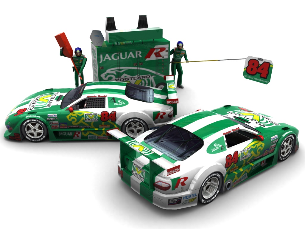 2005 Stannigel Vogtland Racing, #84, Alexander Stannigel, Jaguar XKR, BF Goodrich, Vogtlandradio (Seitlicher Blick auf zwei Fahrzeuge & Pitcrew)