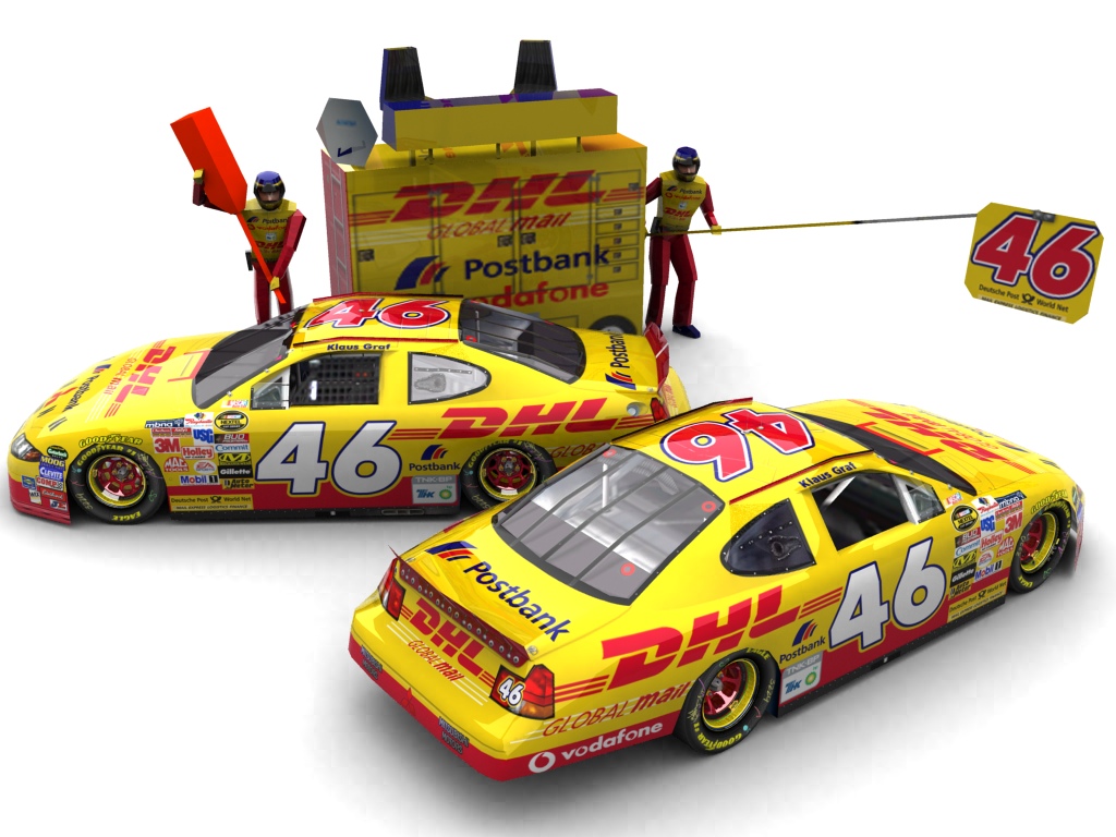 2006 Deutsche Post World Net Racing, #46, Klaus Graf, Mitsubishi Carisma I, Goodyear Eagle, DHL/Postbank (Seitlicher Blick auf zwei Fahrzeuge & Pitcrew)