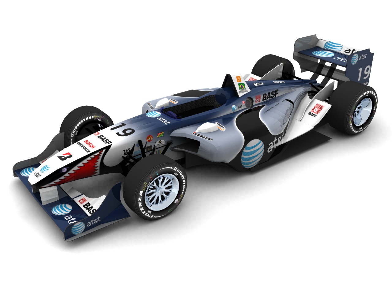 2007 Dale Coyne Racing, #19, Bruno Junqueira, Panoz Elan DP01, Cosworth XFE, Bridgestone Potenza, AT&T (Shark Livery) (Blick von vorn, links, erhöht)