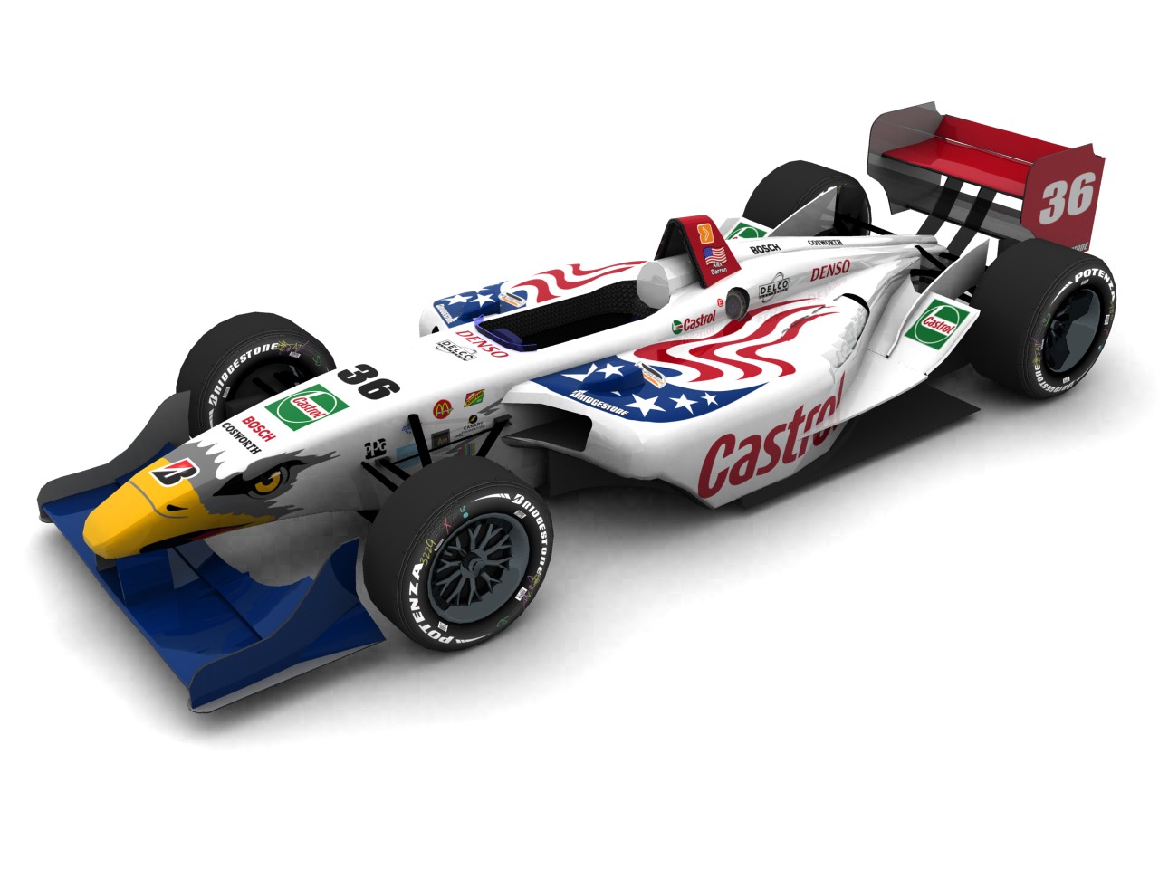 1996 &ndash; 1999 All American Racers, #36, Alex Barron, Panoz Elan DP01, Cosworth XFE, Bridgestone Potenza, Castrol (Blau/rotes USA Livery) (Blick von vorn, links, erhöht)