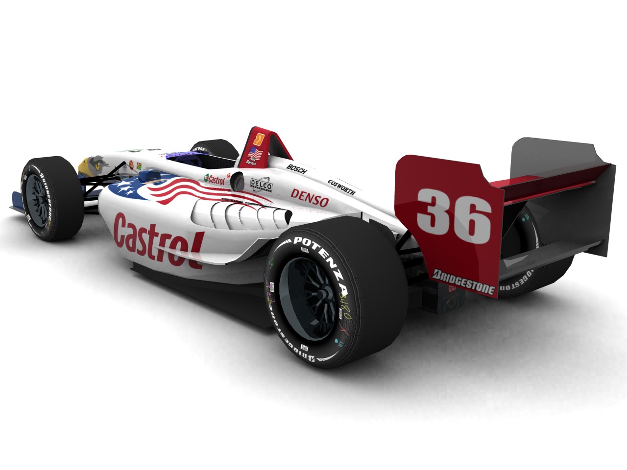 1996 – 1999 All American Racers, #36, Alex Barron, Panoz Elan DP01, Cosworth XFE, Bridgestone Potenza, Castrol (Blau/rotes USA Livery) (Blick von hinten, links)