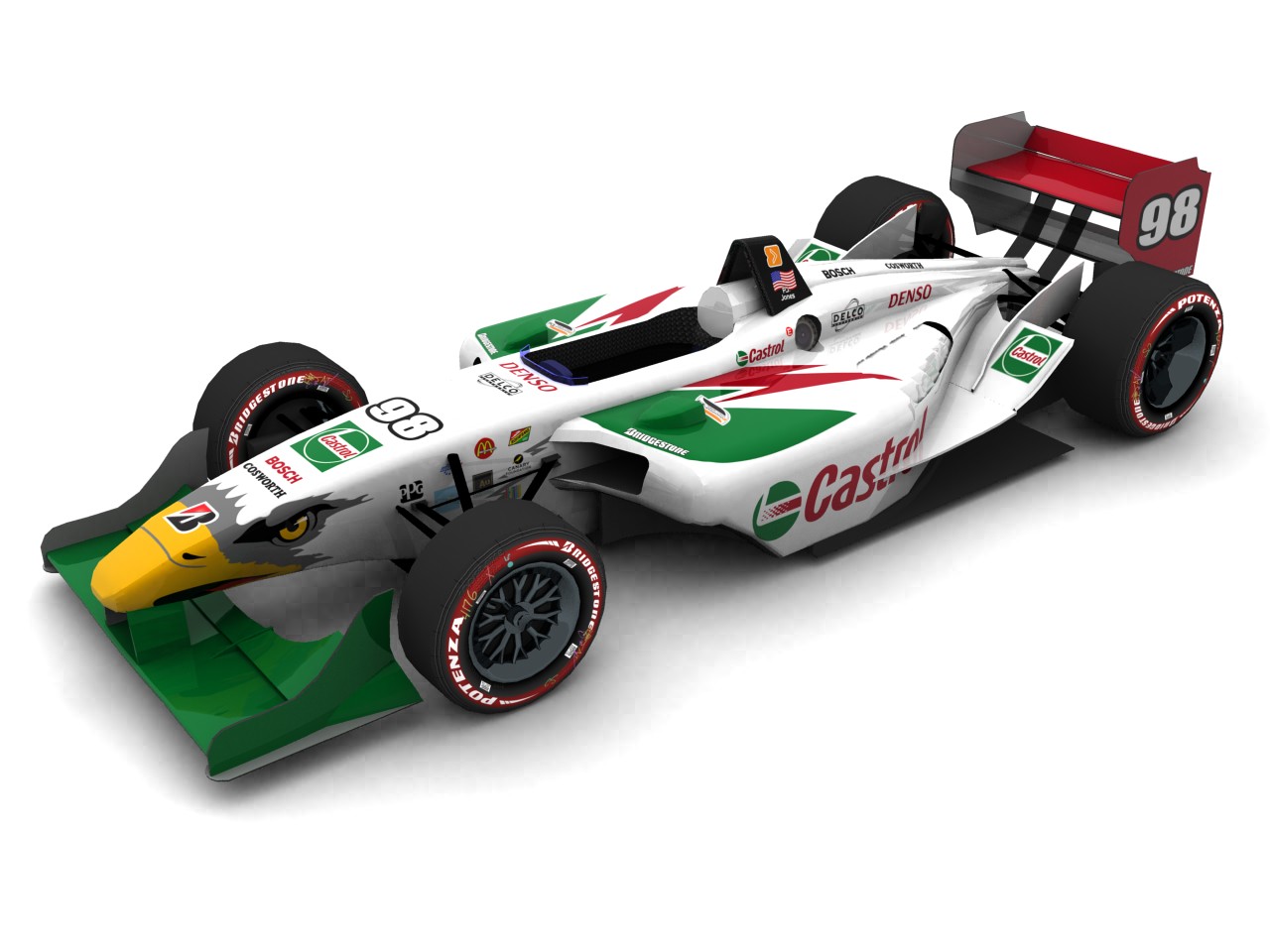 1996 &ndash; 1999 All American Racers, #98, P.J. Jones, Panoz Elan DP01, Cosworth XFE, Bridgestone Potenza, Castrol (Grün/rotes Livery) (Blick von vorn, links, erhöht)