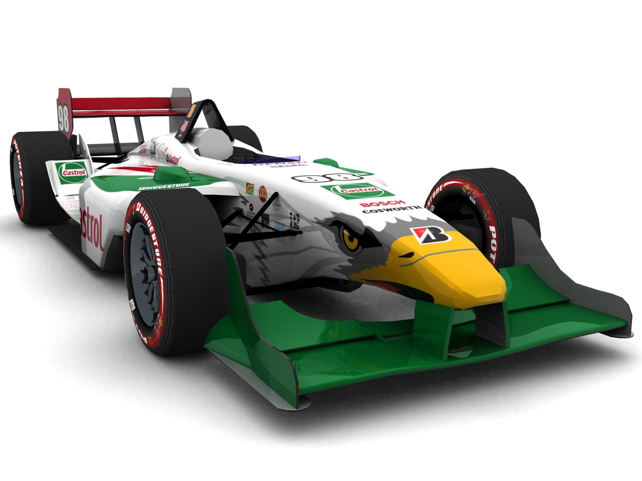 1996 – 1999 All American Racers, #98, P.J. Jones, Panoz Elan DP01, Cosworth XFE, Bridgestone Potenza, Castrol (Grün/rotes Livery) (Blick von vorn, rechts)