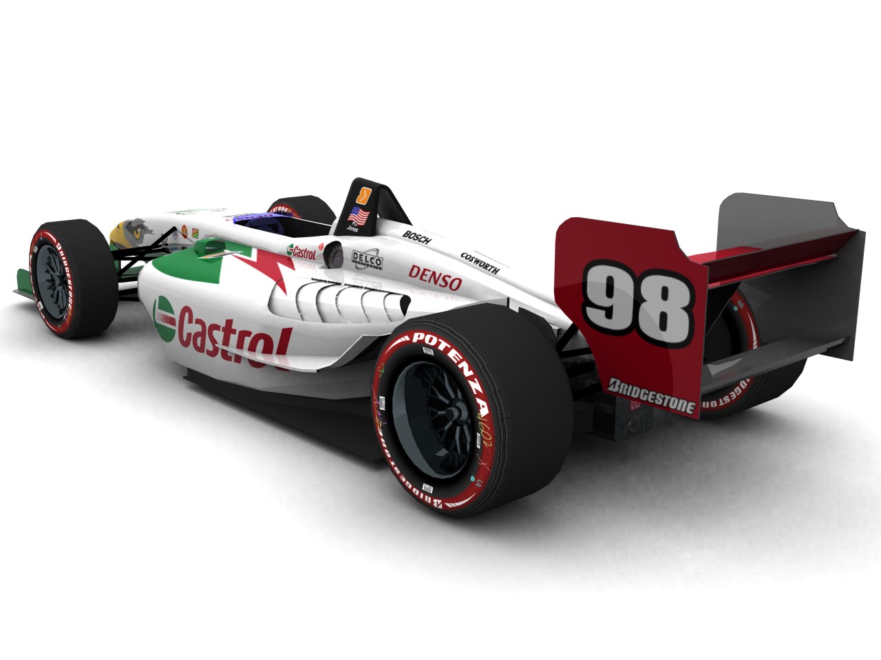 1996 – 1999 All American Racers, #98, P.J. Jones, Panoz Elan DP01, Cosworth XFE, Bridgestone Potenza, Castrol (Grün/rotes Livery) (Blick von hinten, links)