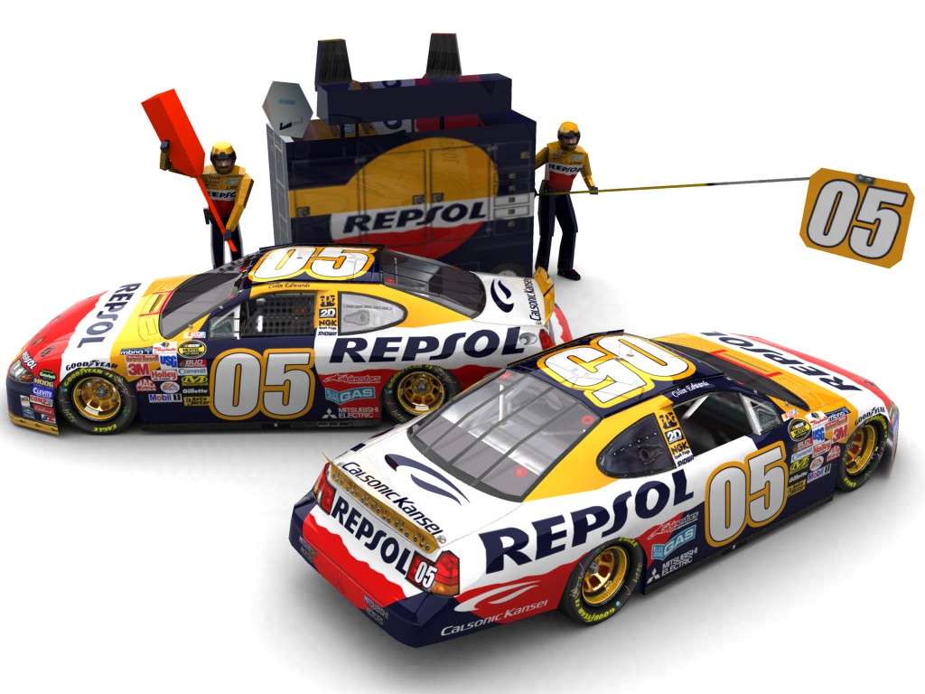 2007 Repsol Racing, #105, Colin Edwards, Mitsubishi Carisma I, Goodyear Eagle, Repsol (Seitlicher Blick auf zwei Fahrzeuge & Pitcrew)