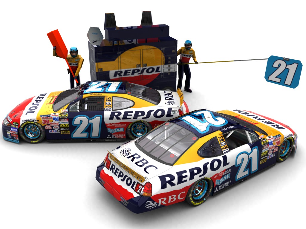 2007 Repsol Racing, #121, John Hopkins, Mitsubishi Carisma I, Goodyear Eagle, Repsol (Seitlicher Blick auf zwei Fahrzeuge & Pitcrew)