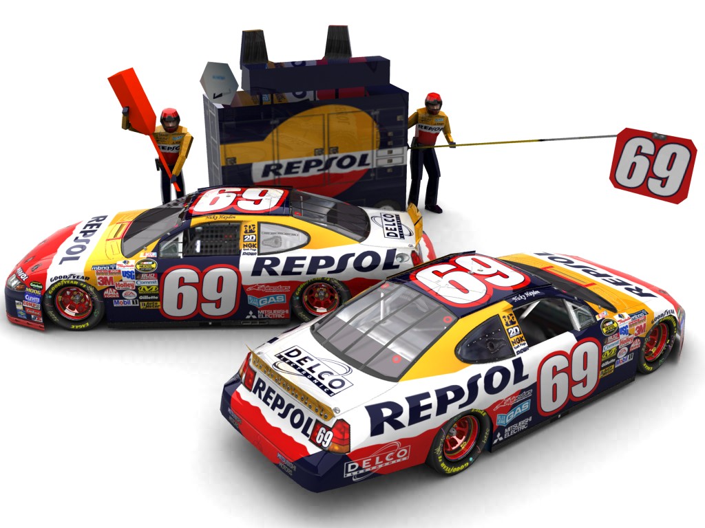 2007 Repsol Racing, #169, Nicky Hayden, Mitsubishi Carisma I, Goodyear Eagle, Repsol (Seitlicher Blick auf zwei Fahrzeuge & Pitcrew)
