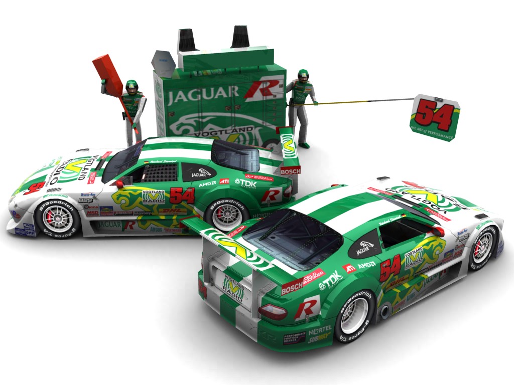 2007 Stannigel Vogtland Racing, #54, Reinhard Stannigel, Jaguar XKR, BF Goodrich, Vogtlandradio (Seitlicher Blick auf zwei Fahrzeuge & Pitcrew)