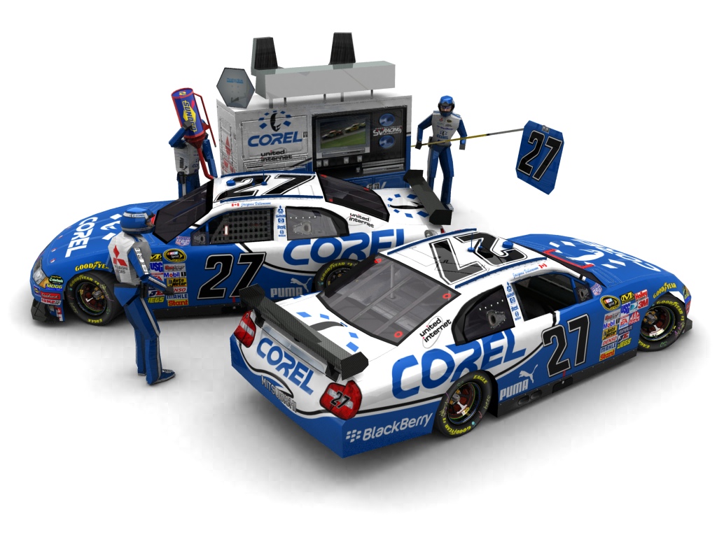 2009 Team Green, #127, Jacques Villeneuve, Mitsubishi Carisma, Goodyear Eagle, Corel (Seitlicher Blick auf zwei Fahrzeuge & Pitcrew)