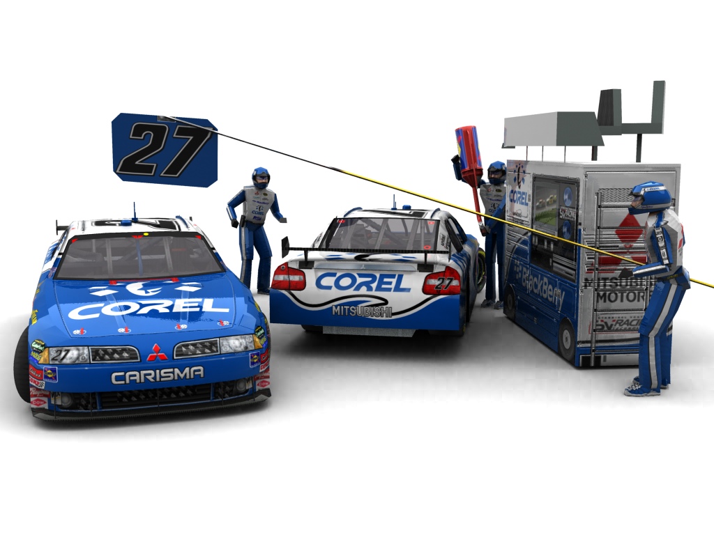 2009 Team Green, #127, Jacques Villeneuve, Mitsubishi Carisma, Goodyear Eagle, Corel (Blick auf Heck sowie Front & Pitcrew)