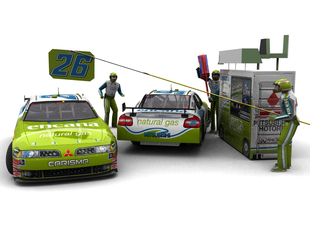 2009 Team Green, #126, Paul Tracy, Mitsubishi Carisma, Goodyear Eagle, EnCana (Blick auf Heck sowie Front & Pitcrew)