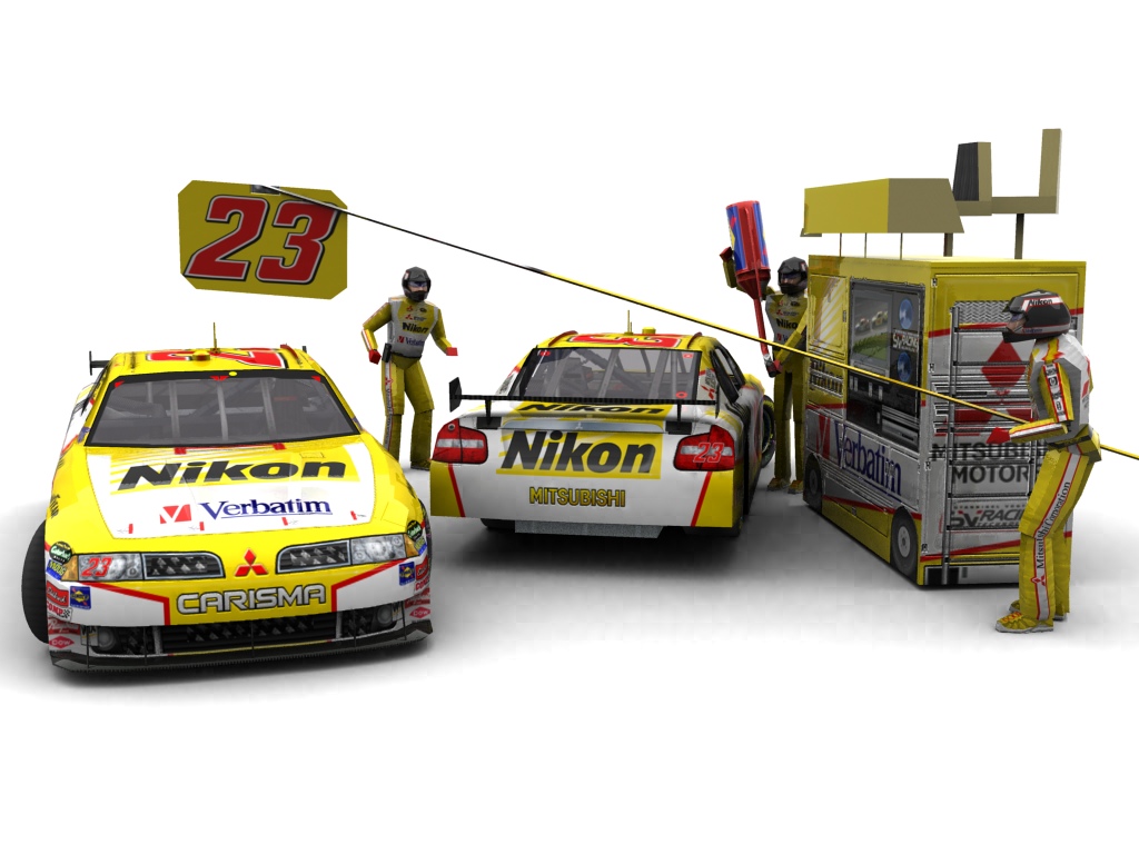 2009 Bill Davis Racing, #123, Patrick Carpentier, Mitsubishi Carisma, Goodyear Eagle, Nikon/Verbatim (Blick auf Heck sowie Front & Pitcrew)