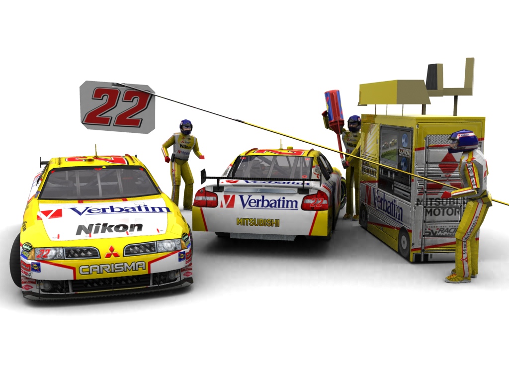 2009 Bill Davis Racing, #122, Scott Wimmer, Mitsubishi Carisma, Goodyear Eagle, Verbatim/Nikon (Blick auf Heck sowie Front & Pitcrew)