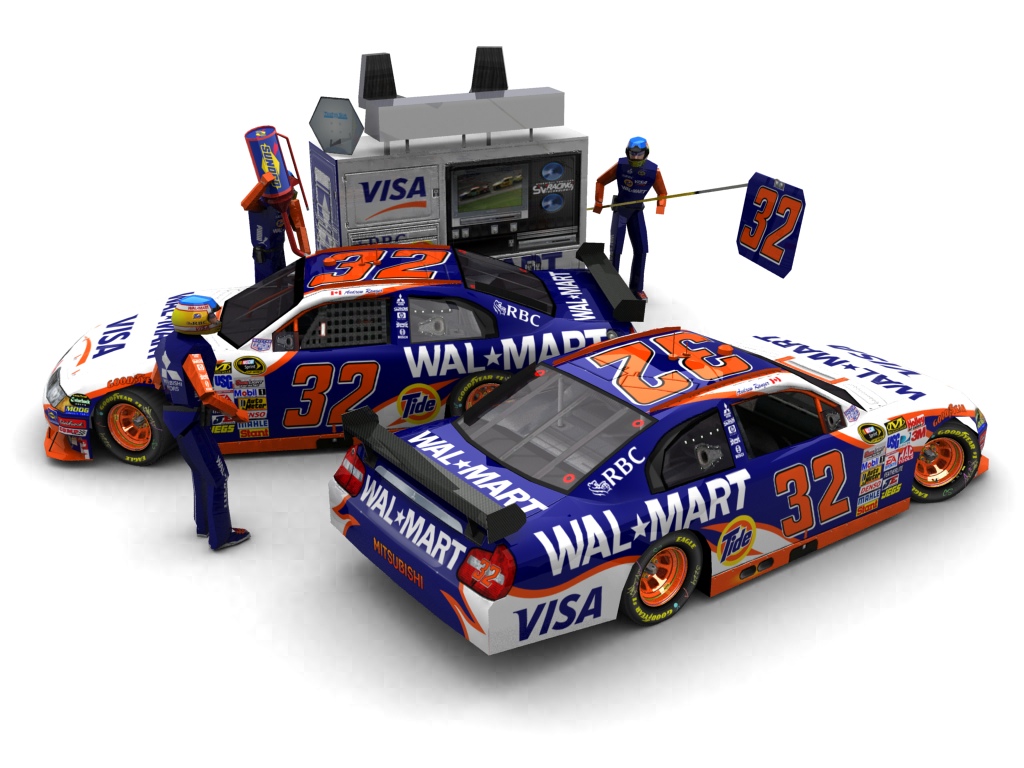 2009 Forsythe Racing, #132, Andrew Ranger, Mitsubishi Carisma, Goodyear Eagle, Walmart (Seitlicher Blick auf zwei Fahrzeuge & Pitcrew)