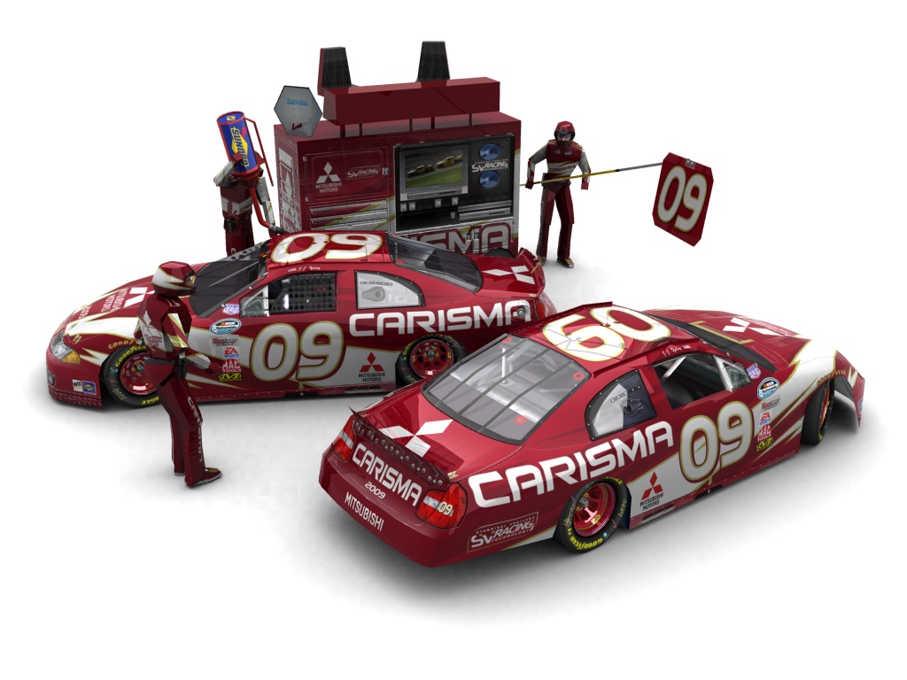 2009 Three Diamonds Racing, #909, J.J. Yeley, Mitsubishi Carisma, Goodyear Eagle, Mitsubishi Carisma (Seitlicher Blick auf zwei Fahrzeuge & Pitcrew)