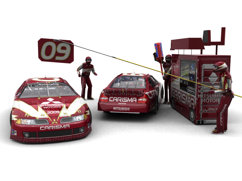 2009 Three Diamonds Racing, #909, J.J. Yeley, Mitsubishi Carisma, Goodyear Eagle, Mitsubishi Carisma (Blick auf Heck sowie Front & Pitcrew)