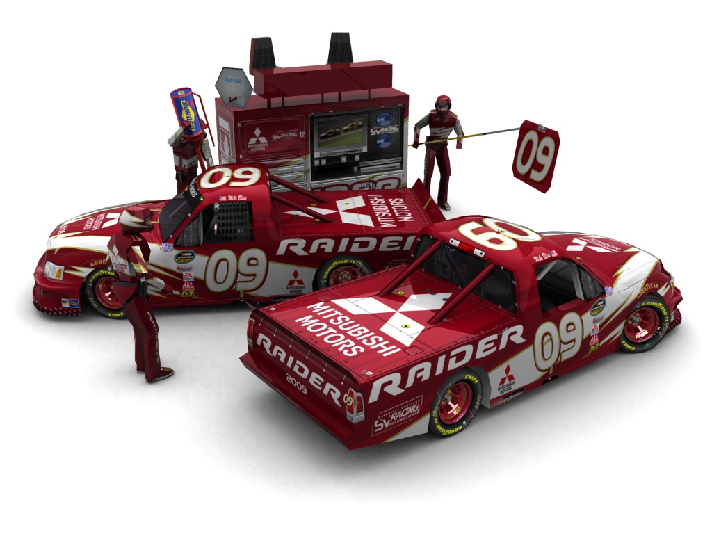 2009 Three Diamonds Racing, #909, Mike Bliss, Mitsubishi Raider, Goodyear Eagle, Mitsubishi Raider (Seitlicher Blick auf zwei Fahrzeuge & Pitcrew)