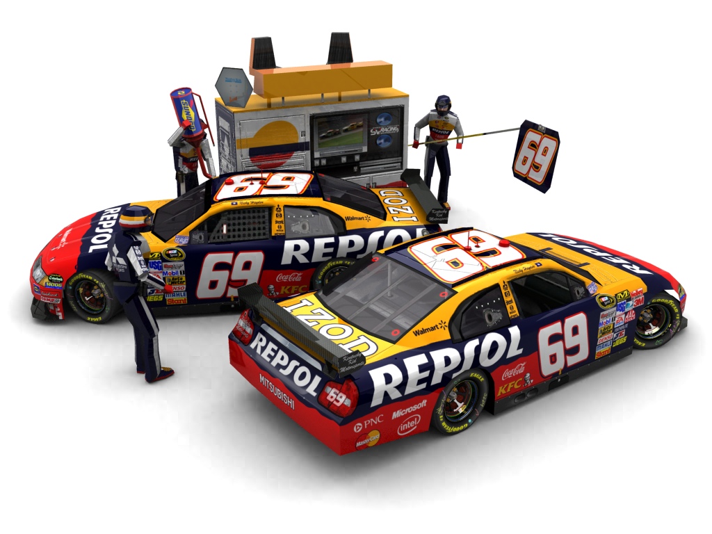 2010 Kentucky Kid Motorsports, #169, Nicky Hayden, Mitsubishi Carisma, Goodyear Eagle, Repsol (Inverse Scheme) (Seitlicher Blick auf zwei Fahrzeuge & Pitcrew)