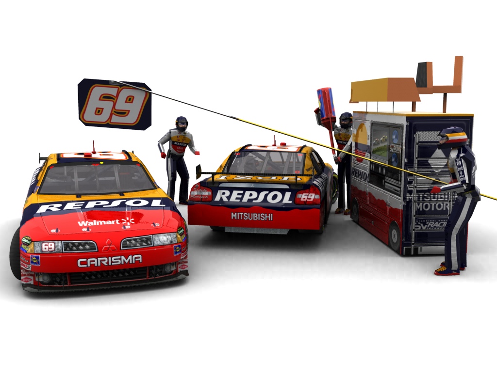 2010 Kentucky Kid Motorsports, #169, Nicky Hayden, Mitsubishi Carisma, Goodyear Eagle, Repsol (Inverse Scheme) (Blick auf Heck sowie Front & Pitcrew)