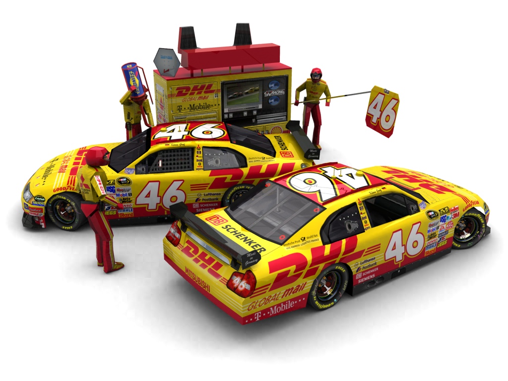 2010 Made in Germany Team, #146, Klaus Graf, Mitsubishi Carisma, Goodyear Eagle, DHL Global Mail (Seitlicher Blick auf zwei Fahrzeuge & Pitcrew)