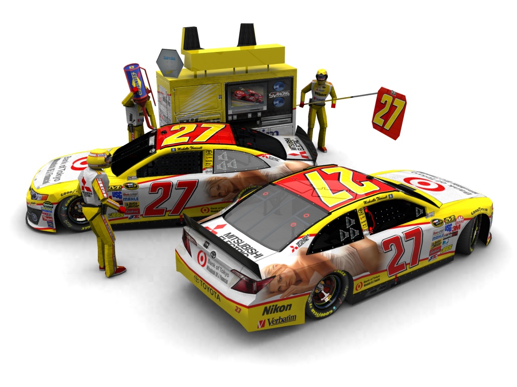 2013 Bill Davis Racing, #127, Michelle Theriault, Toyota Camry XV50, Goodyear Eagle, Bank of Tokyo/Mitsubishi Financial (Seitlicher Blick auf zwei Fahrzeuge & Pitcrew)