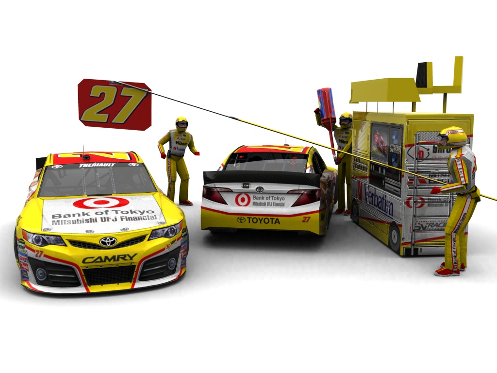 2013 Bill Davis Racing, #127, Michelle Theriault, Toyota Camry XV50, Goodyear Eagle, Bank of Tokyo/Mitsubishi Financial (Blick auf Heck sowie Front & Pitcrew)