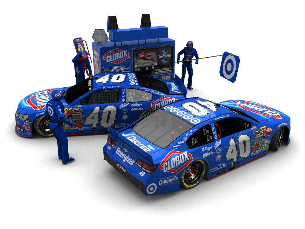 2013 Earnhardt Ganassi Racing, #40, Dario Franchitti, Chevrolet SS, Goodyear Eagle, Clorox (Seitlicher Blick auf zwei Fahrzeuge & Pitcrew)