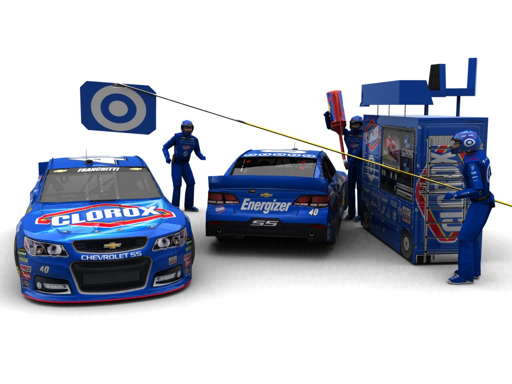 2013 Earnhardt Ganassi Racing, #40, Dario Franchitti, Chevrolet SS, Goodyear Eagle, Clorox (Blick auf Heck sowie Front & Pitcrew)