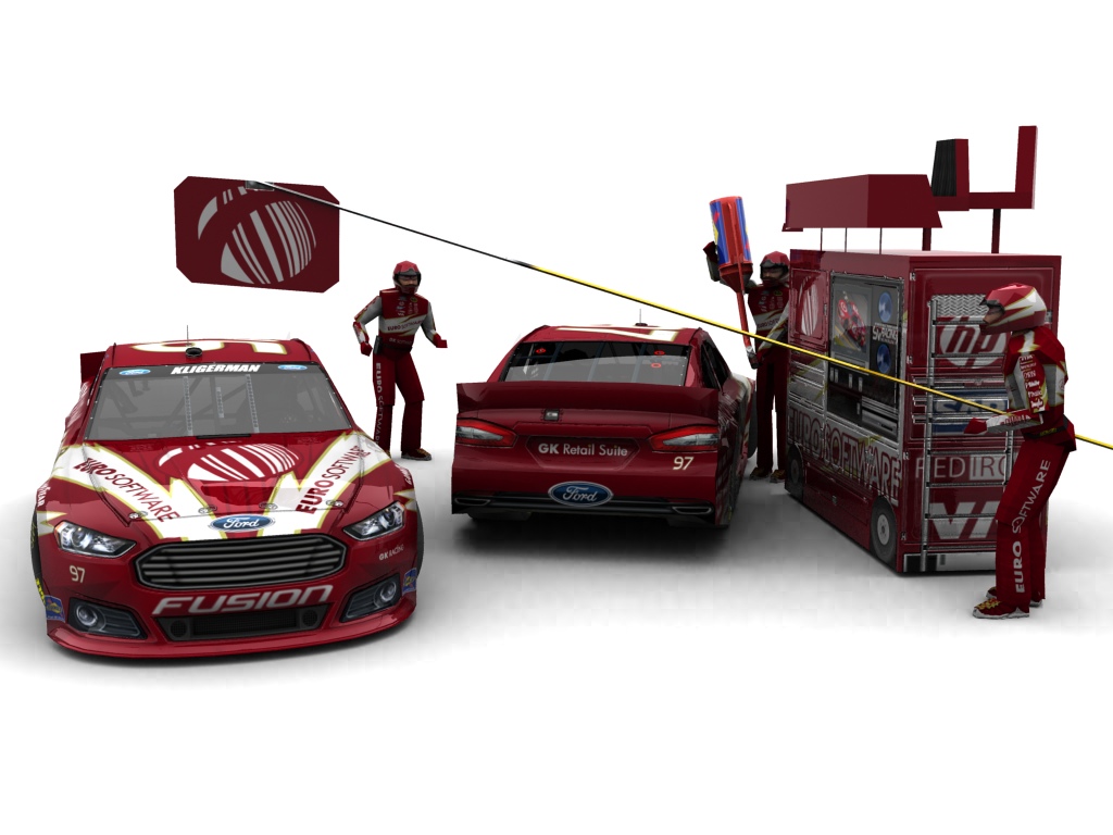 2013 GK Racing, #197, Parker Kligerman, Ford Fusion II, Goodyear Eagle, EuroSoftware (Blick auf Heck sowie Front & Pitcrew)