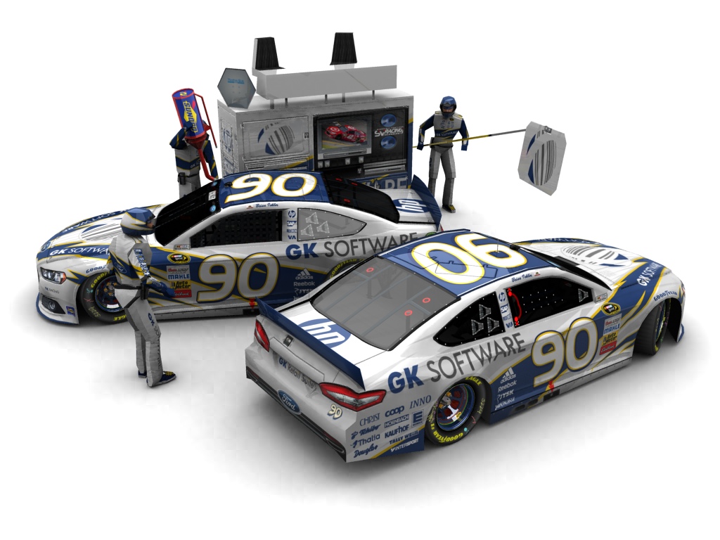 2013 GK Racing, #190, Brian Ickler, Ford Fusion II, Goodyear Eagle, GK Software (Seitlicher Blick auf zwei Fahrzeuge & Pitcrew)