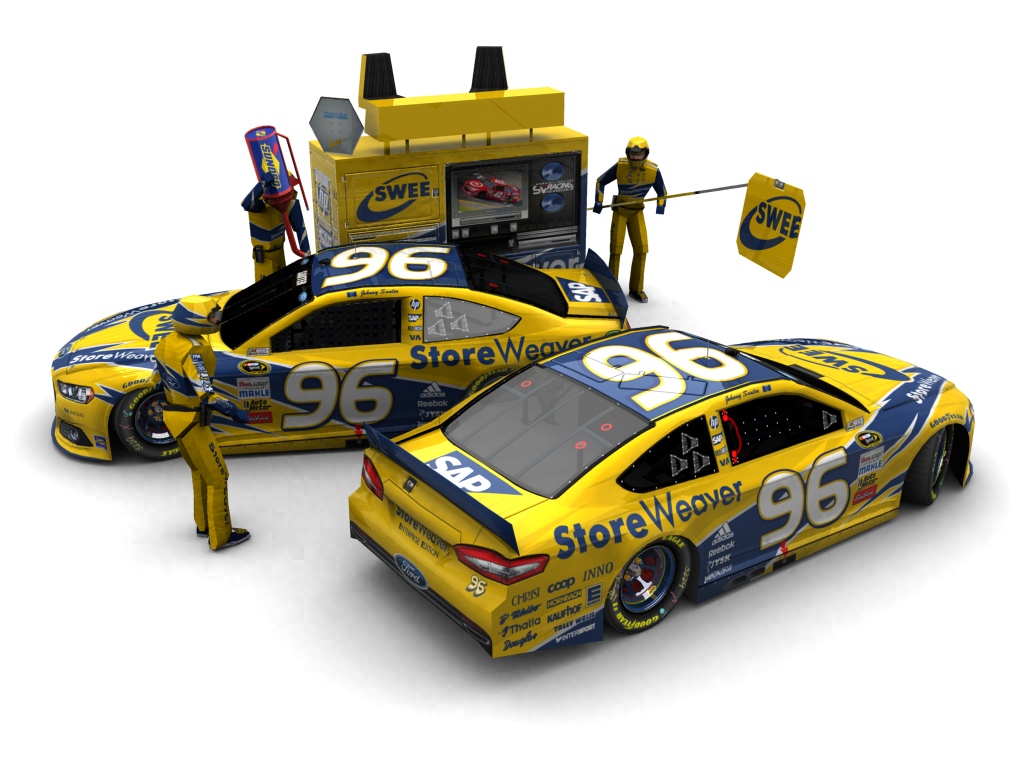 2013 GK Racing, #196, Johnny Sauter, Ford Fusion II, Goodyear Eagle, StoreWeaver (Seitlicher Blick auf zwei Fahrzeuge & Pitcrew)