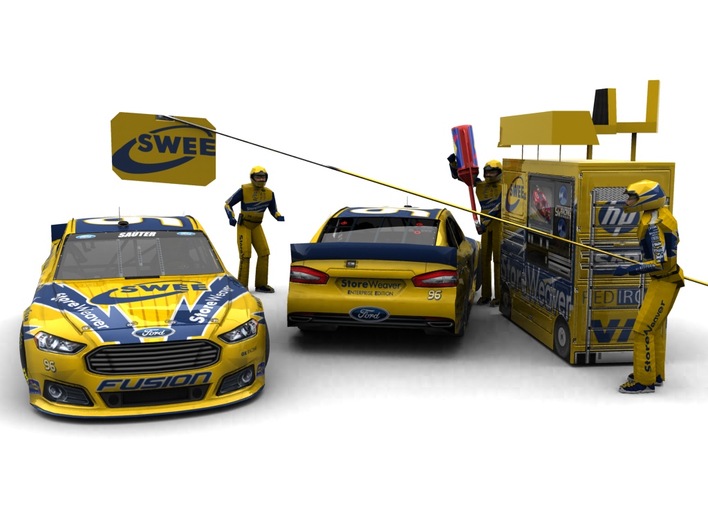 2013 GK Racing, #196, Johnny Sauter, Ford Fusion II, Goodyear Eagle, StoreWeaver (Blick auf Heck sowie Front & Pitcrew)