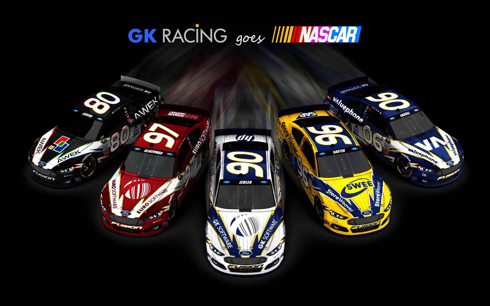 2013 GK Racing, Alle fünf Fahrzeuge (ausschwärmend, schwarzer Hintergrund)