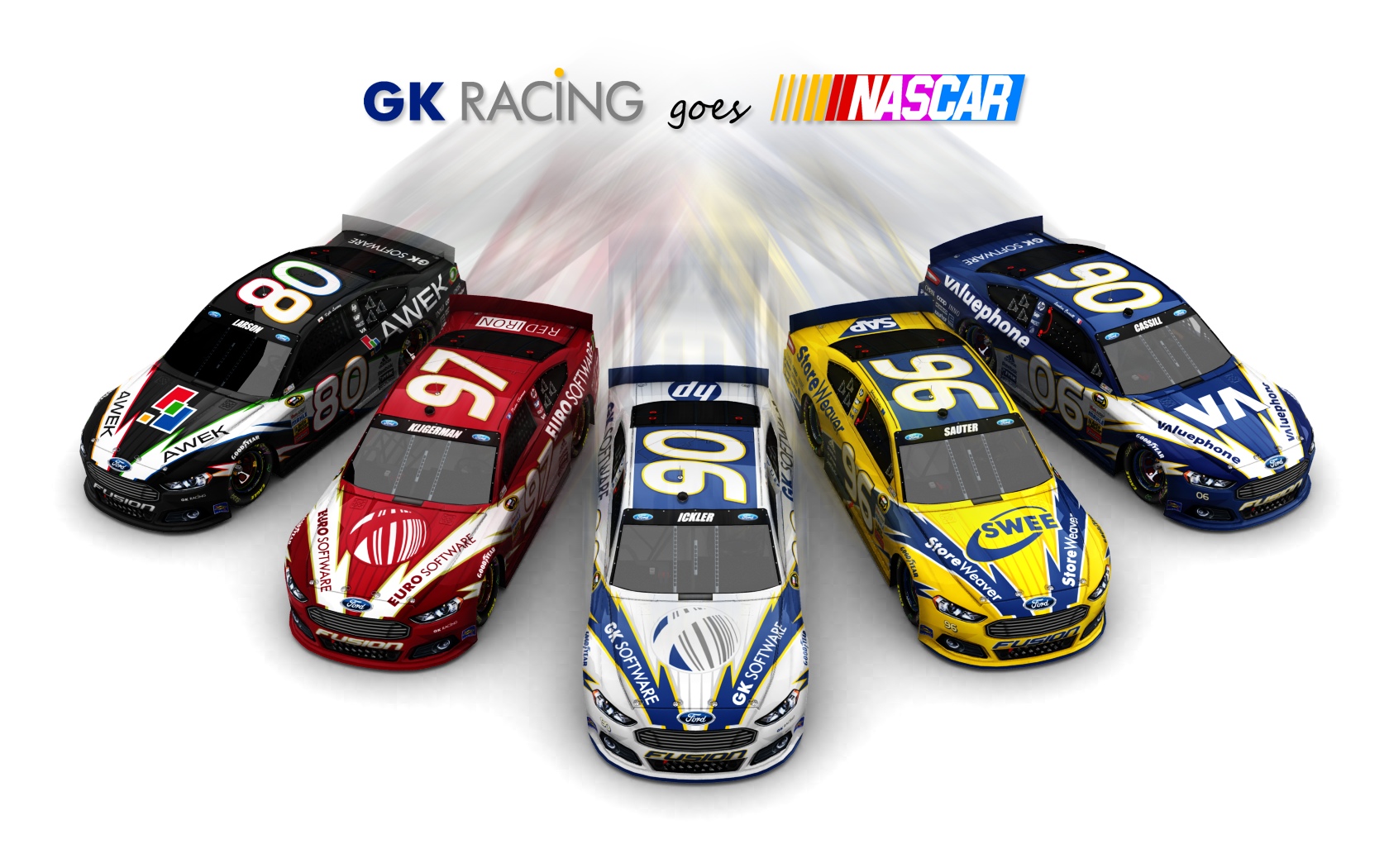 2013 GK Racing, Alle fünf Fahrzeuge (ausschwärmend, weißer Hintergrund)